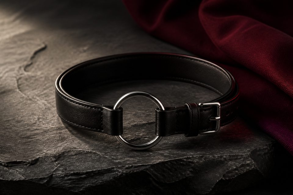 AI-generated still life of a black leather collar with a silver ring on dark stone beside burgundy fabric.